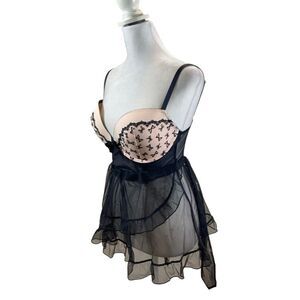 Victoria’s Secret Brand Apron Style Pink and Black‎ Chemise Size 36D